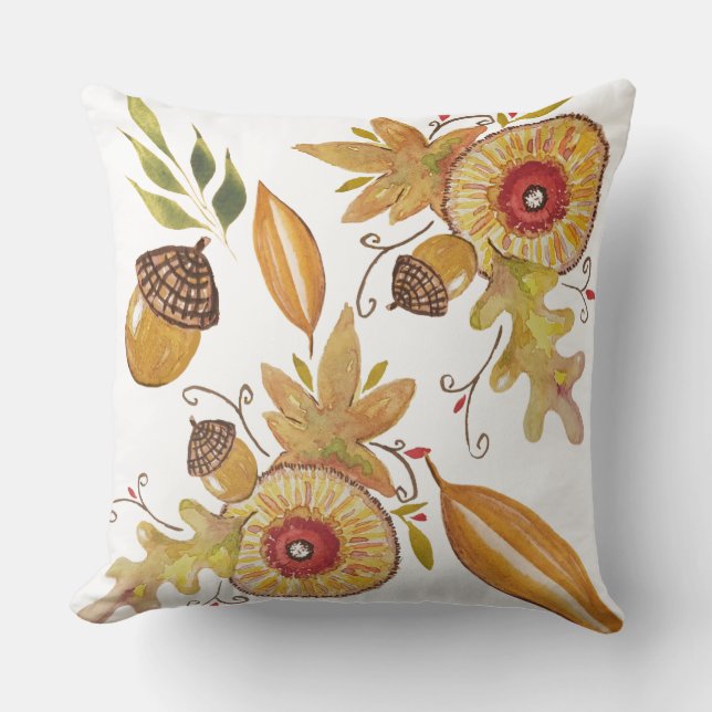 Coussin Art aquarelle de glands de chêne d'humeur automnal (Recto)