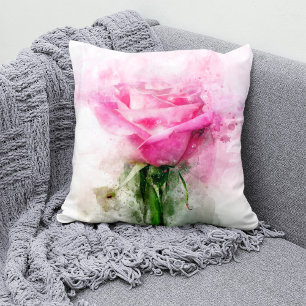 Coussin Art aquarelle de rose rose sur fond blanc