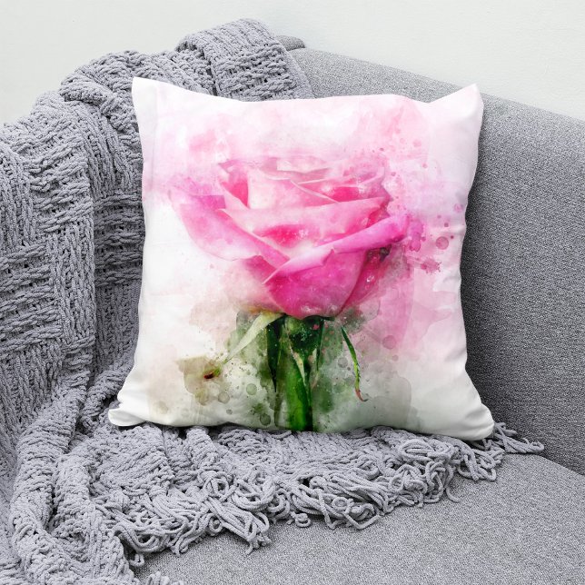Coussin Art aquarelle de rose rose sur fond blanc (Pink Rose Watercolor Art on White Background. Throw Pillow)