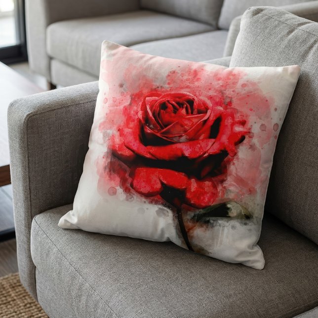 Coussin Art aquarelle d'une rose rouge sur fond blanc (Red Rose Watercolor Art on White Background. Throw Pillow)