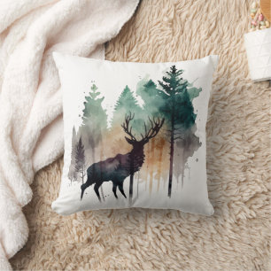 Coussin Art au lavis Cerf dans les arbres de la forêt Natu
