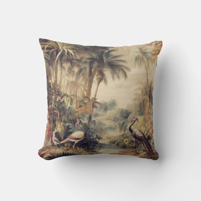 Coussin Art botanique antique de grue tropicale et de palm (Recto)