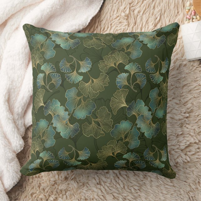 Coussin Art botanique raffiné Ginkgo or émeraude vert (Couverture)