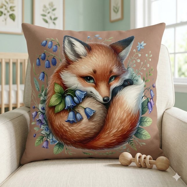 Coussin Art botanique renard floral de la forêt (Floral Fox Botanical Woodland Art Throw Pillow Mockup A)