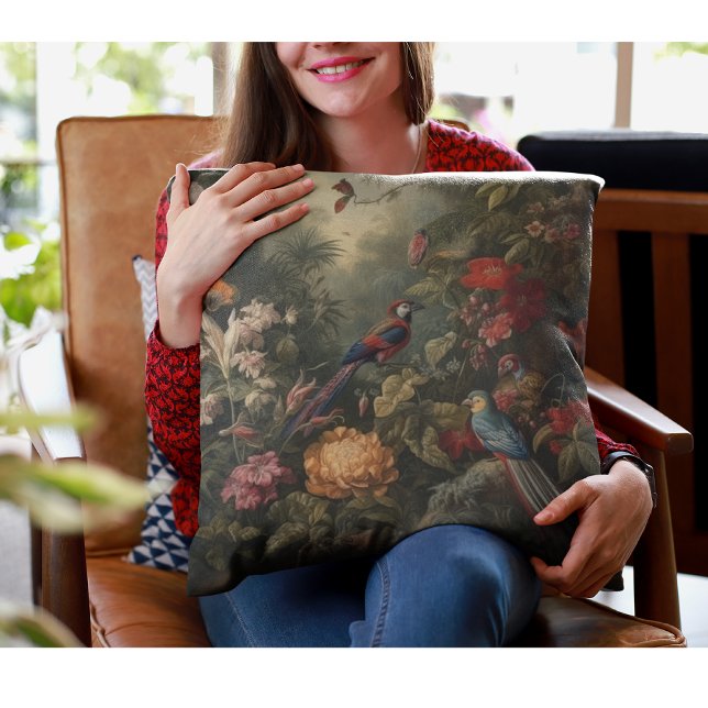 Coussin Art botanique vibrant de l'ara et de la pivoine do (Créateur téléchargé)