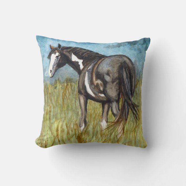 Coussin Art d'aquarelle du Cheval de peinture noir et blan (Recto)