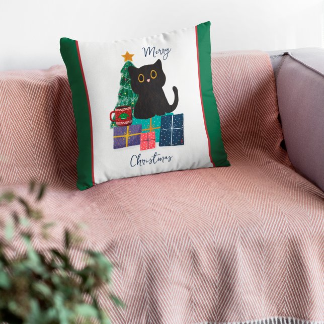 Coussin Art de café de chat noir mignon Noël festif (Front)