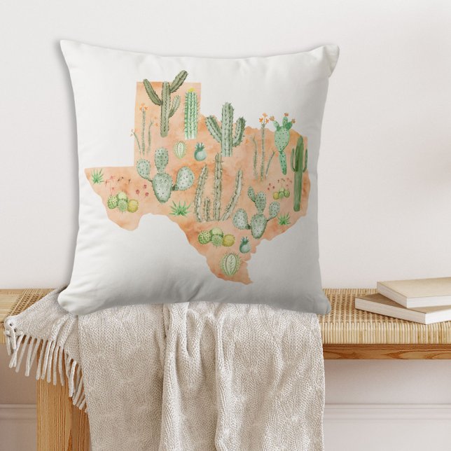 Coussin Art de carte aquarelle de cactus du Texas (In situ)