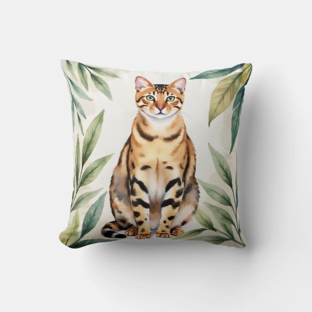 Coussin Art de chat Bengal aquarelle feuille de jungle (Recto)