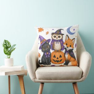 Coussin Art de chat noir sorcière chouette renard citrouil