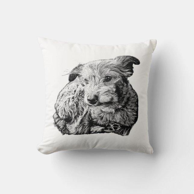 Coussin Art de chien mélange Terrier hirsute – Noir & Blan (Recto)