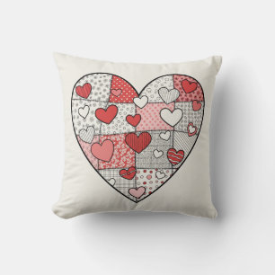 Coussin Art de collage à cœur patchwork rouge et rose fant