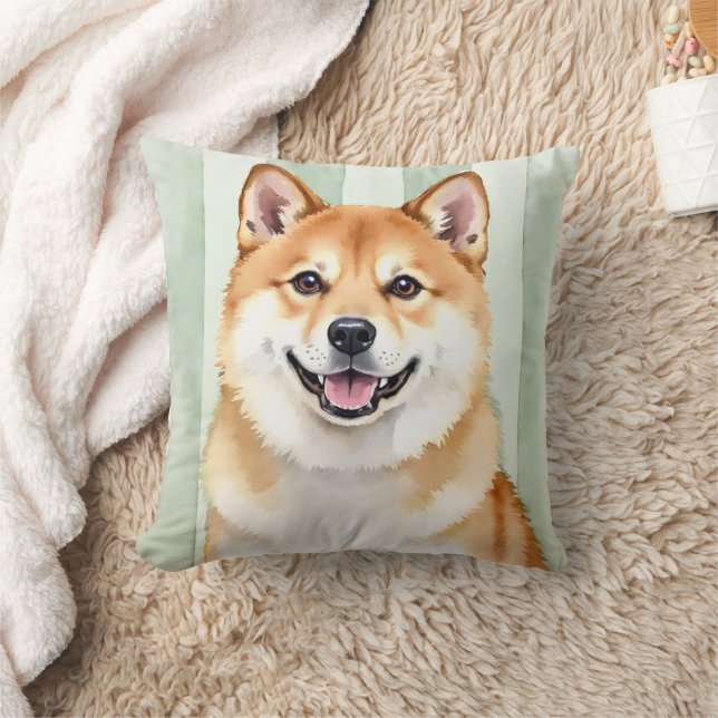 Coussin Art de compagnie Akita avec fond rayé aquarelle (Couverture)
