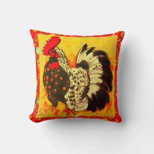 Coussin Art de coq avec bordure décorative rouge