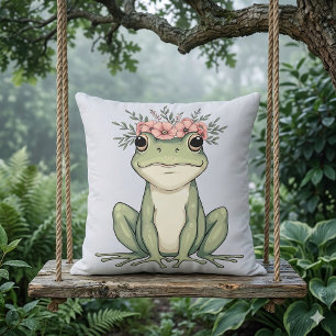 Coussin Art de cottagecore avec grenouille florale fantais