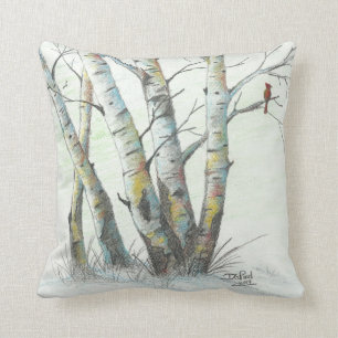 Coussin Art de crayon coloré par bouleaux d'hiver