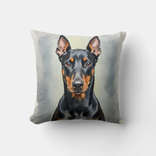 Coussin Art de Doberman avec fond dégradé en aquarelle