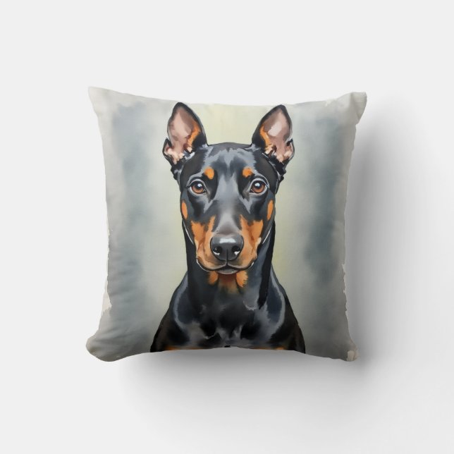 Coussin Art de Doberman avec fond dégradé en aquarelle (Recto)