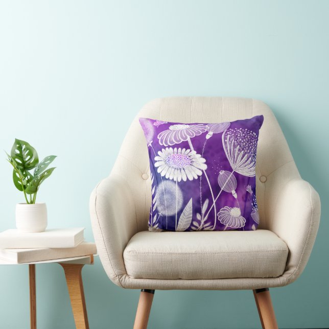 Coussin Art de fleurs sauvages violettes et violettes fonc (Chaise)