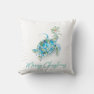 Coussin Art de l'aquarelle de la tortue marine de Noël côt