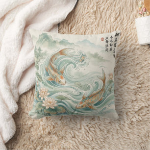 Coussin Art de lavis à l'encre de lotus de carpe koï