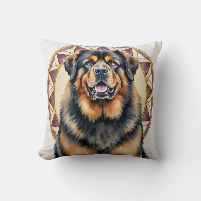 Coussin Art de mandala à l'aquarelle du Mastiff Tibétain (Recto)