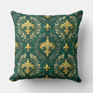 Coussin Art de motif damassé vert émeraude et fleur-de-lis