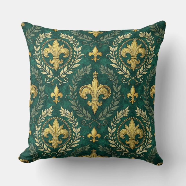 Coussin Art de motif damassé vert émeraude et fleur-de-lis (Recto)