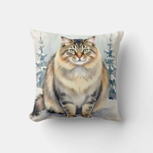 Coussin Art de motif de givre à l'aquarelle de chat sibéri