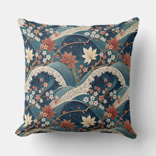 Coussin Art de motif floral de vague japonaise et de ceris