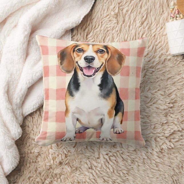 Coussin Art de motif Gingham aquarelle Beagle (Couverture)