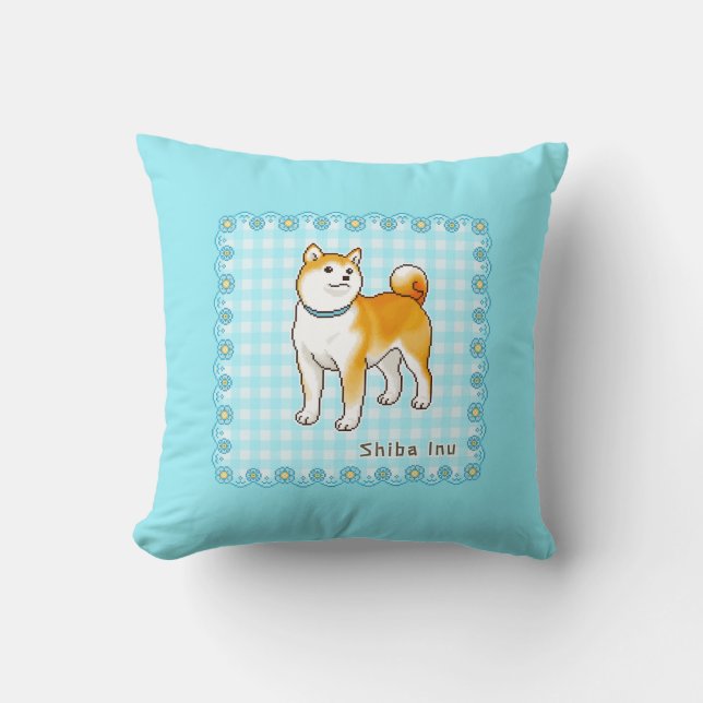 Coussin Art de Pixel Shiba Inu à thème bleu (Recto)