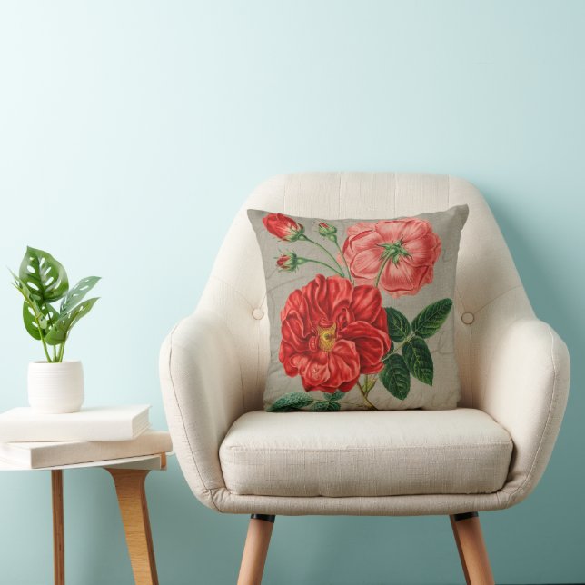 Coussin Art de rose rouge antique sur gris (Chaise)