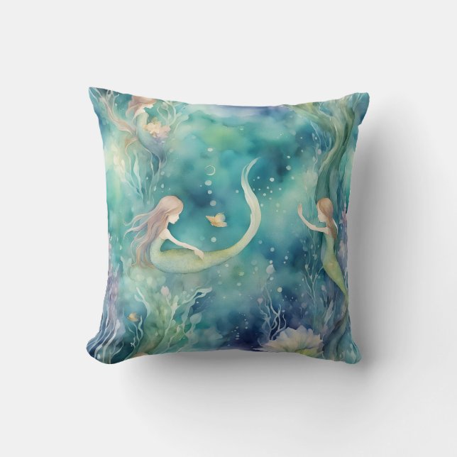 Coussin art de sirènes à l'aquarelle  (Recto)