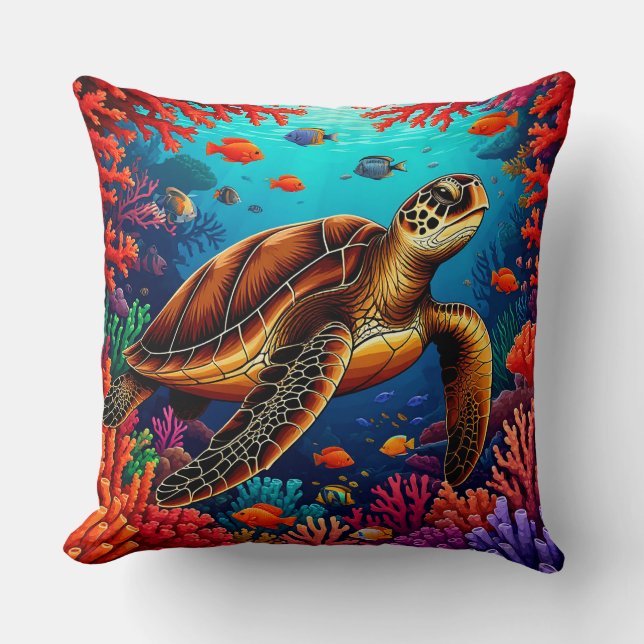 Coussin 🐢 Art de Tortue de Mer pour Décoration de Maison  (Recto)