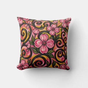 Coussin Art de tourbillon floral rose vibrant