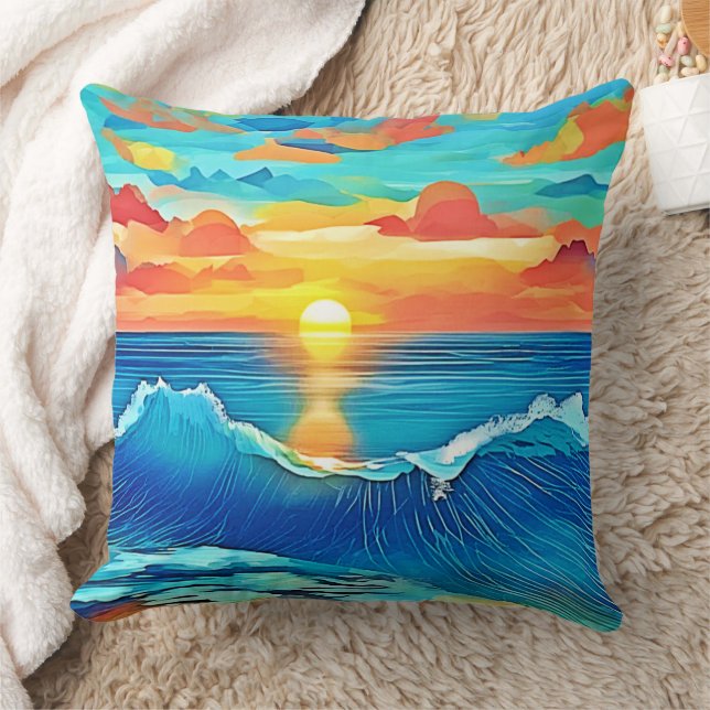 Coussin Art de vague de coucher de soleil océanique (Couverture)