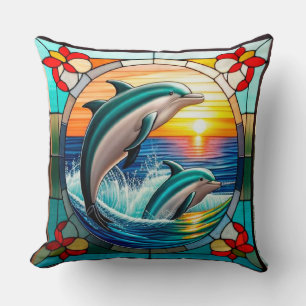 Coussin Art de verre coloré avec des dauphins bondissant a