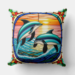 Coussin Art de verre coloré avec des dauphins bondissant a