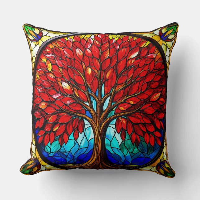 Coussin Art de vitrail d'arbre rouge vibrant (Recto)