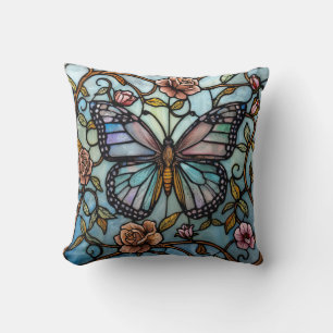 Coussin art de vitrail papillon bleu vintage