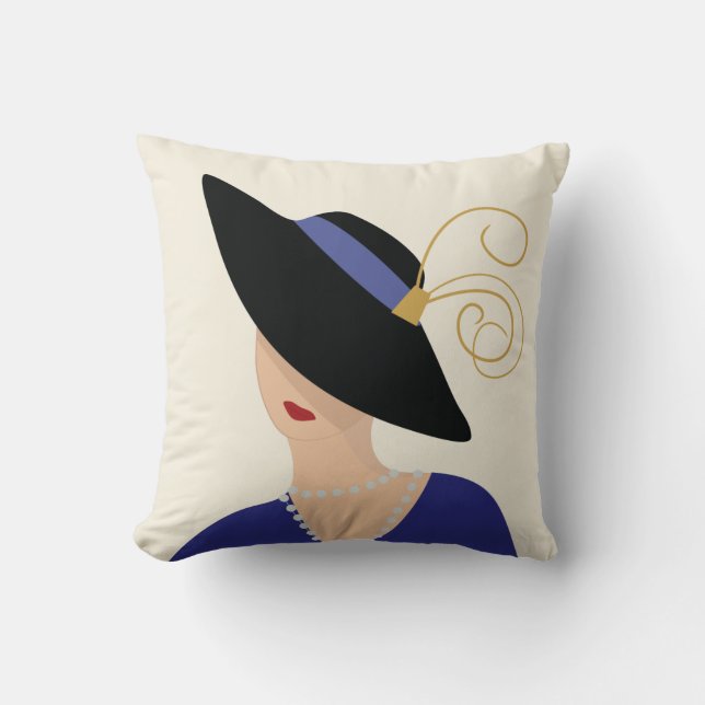 Coussin Art déco 1930, femme en plaque de mode en Casquett (Recto)