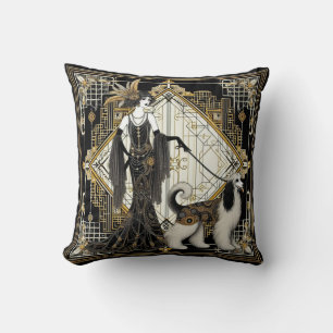 Coussin Art Déco Années 1920 Elégante Dame & Chien