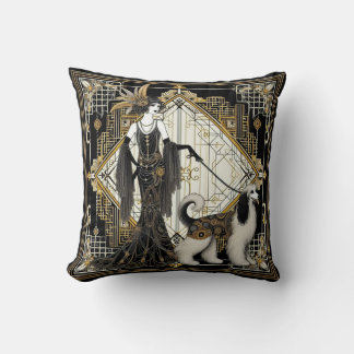 Coussin Art Déco Années 1920 Elégante Dame & Chien