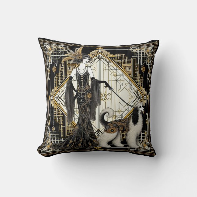 Coussin Art Déco Années 1920 Elégante Dame & Chien (Recto)