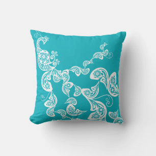 Coussin Art Déco Floral Peacock Paisley Chic Turquoise