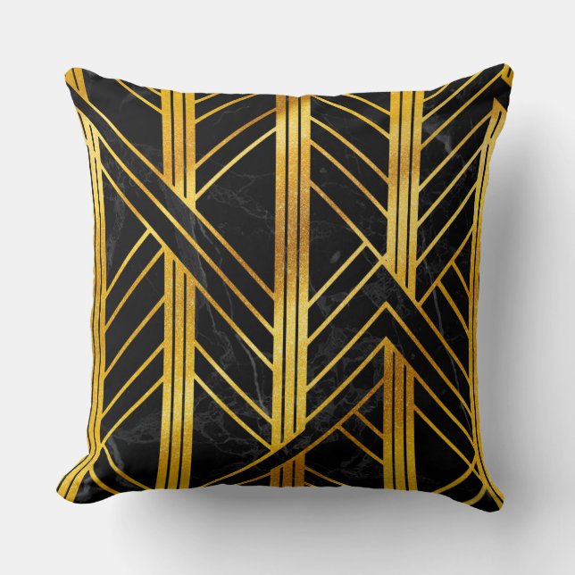 Coussin Art déco géométrique doré sur marbre noir (Recto)