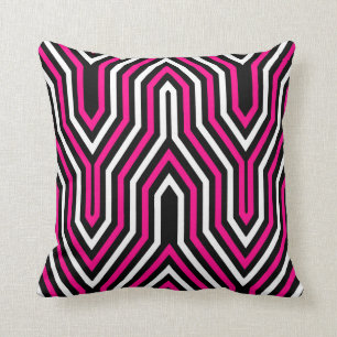 Coussin Art déco géométrique - rose fuchsia, noir et bl