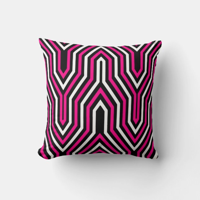 Coussin Art déco géométrique - rose fuchsia, noir et blanc (Recto)