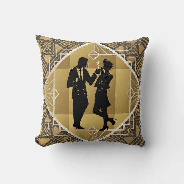 Coussin Art Déco Great Gatsby Black Gold Flapper Couple (Recto)